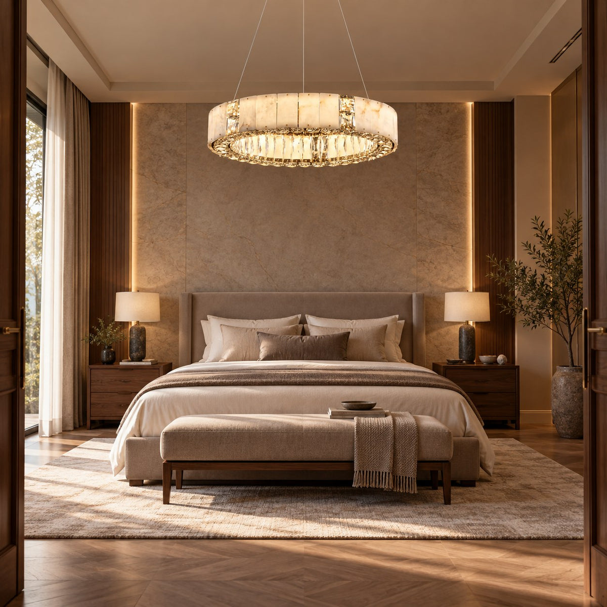 Modern Crystal Chandelier Hanging Light Fixture with Adjustable LED Alabaster Design