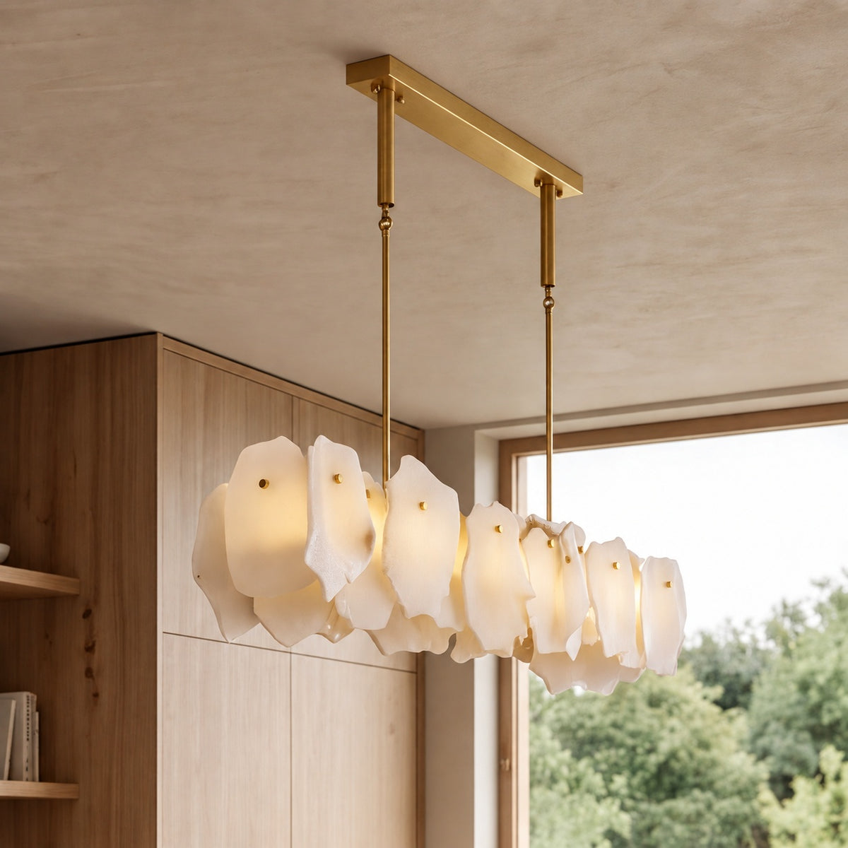 Modern Linear Chandelier Hanging Alabaster Shades Gold Suspension LED Light Fixture