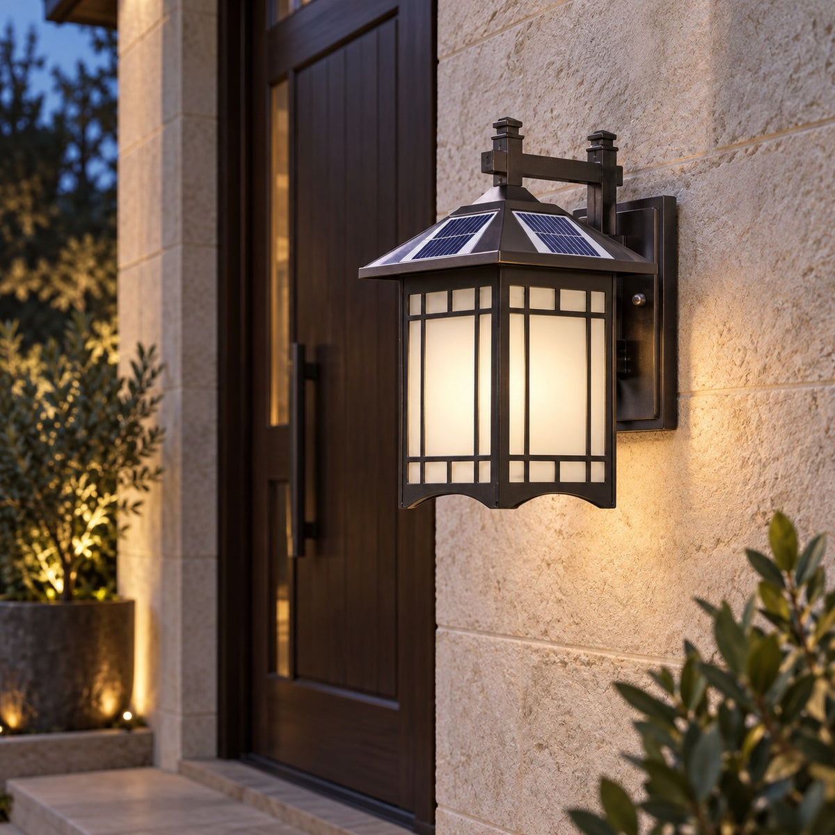Modern Outdoor Wall Lantern Wall Mounted Die-Cast Aluminum Glass LED Light with Solar and Hardwired Options