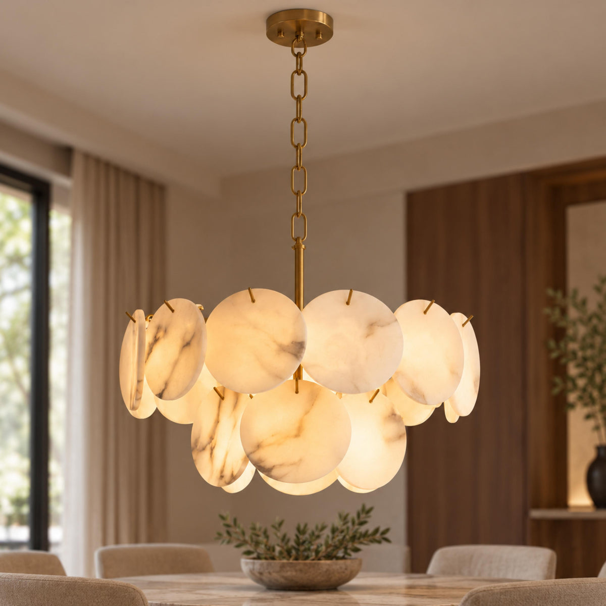 Modern Double-Tier Chandelier Hanging Brass Frame with Alabaster Discs and Adjustable Chain Length
