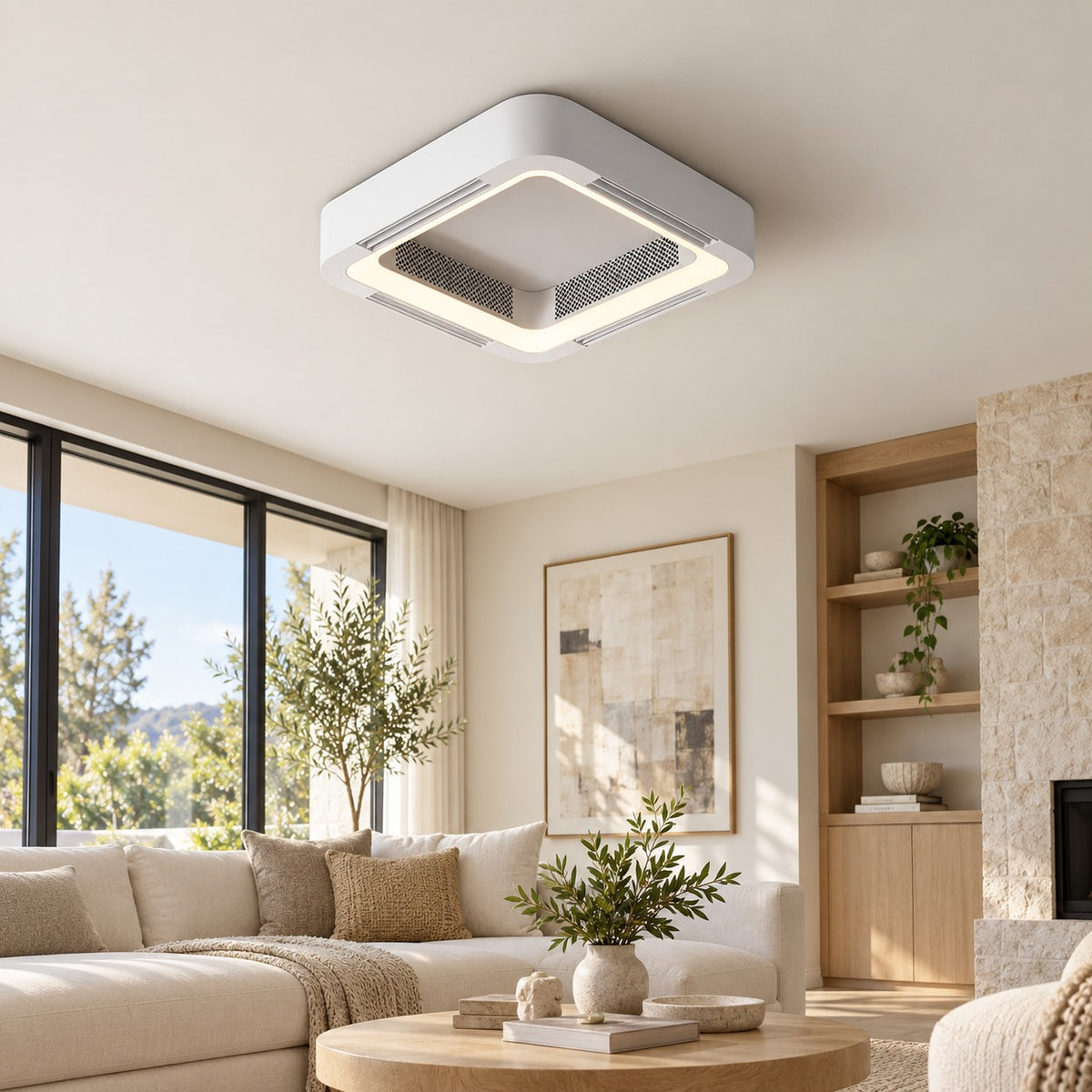 Modern Bladeless Ceiling Fan with Flush Mount Design Metal Body Dimmable LED Light and Remote Control