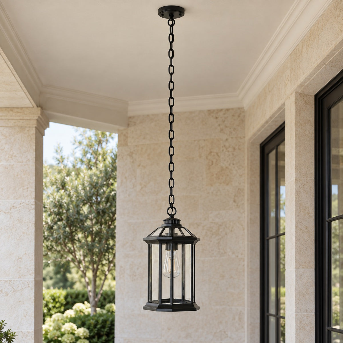 Traditional IP65 Outdoor Pendant Light with Clear Glass – Black Hanging Lantern