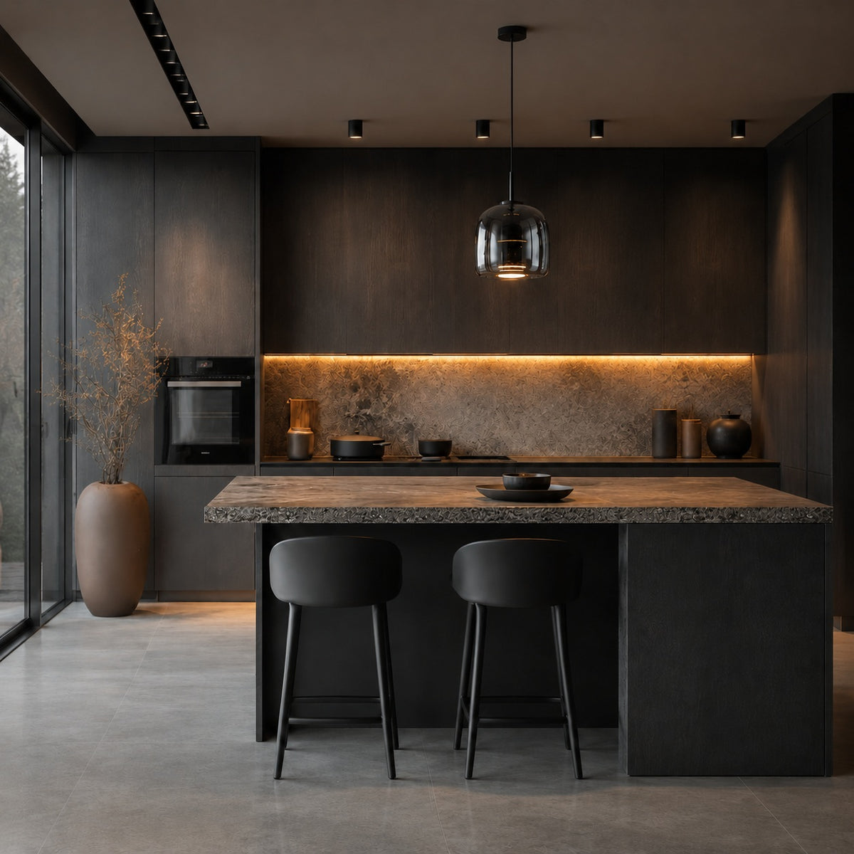 Modern Hanging Pendant Light Adjustable Black Iron Frame Hand-Blown Glass LED