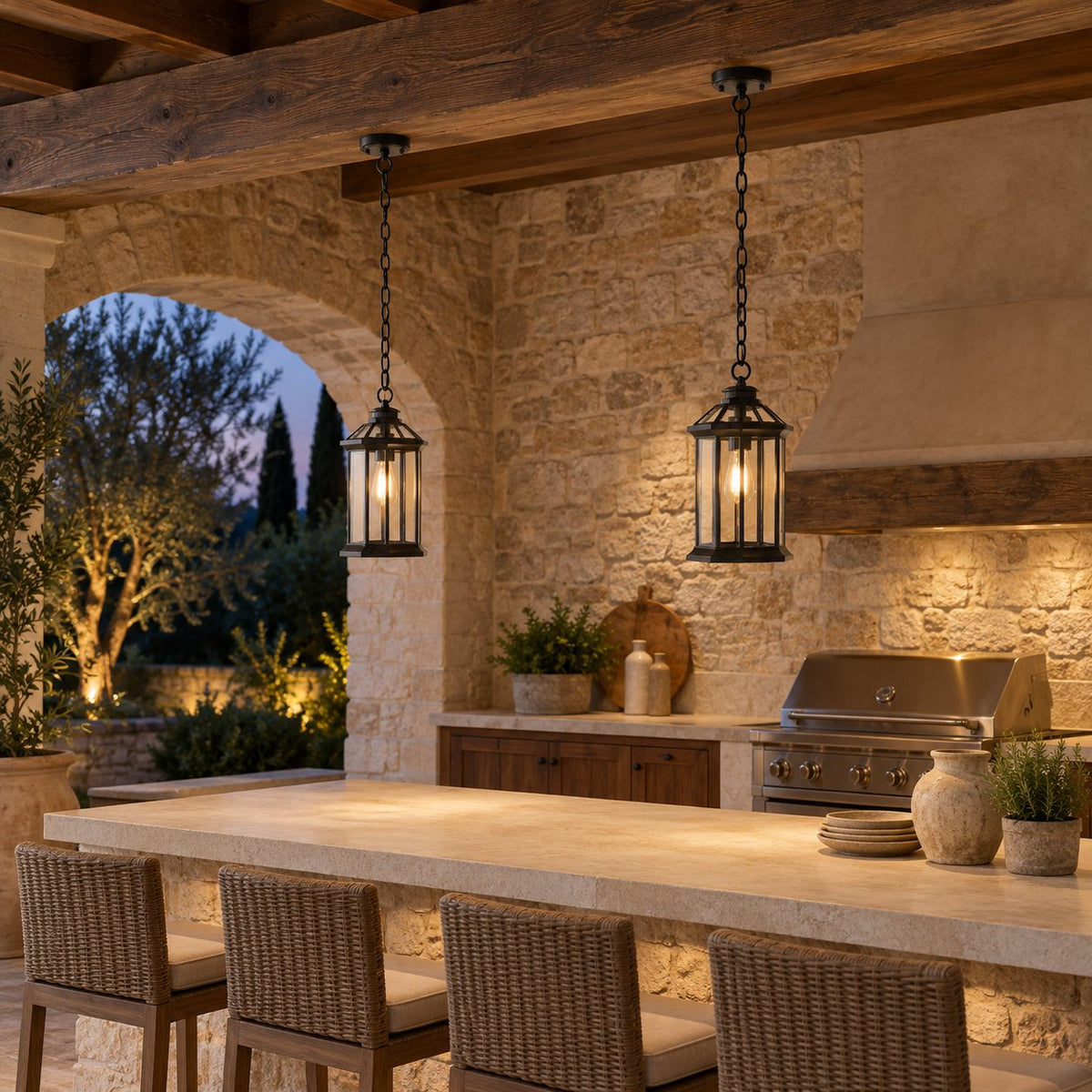 Traditional IP65 Outdoor Pendant Light with Clear Glass – Black Hanging Lantern