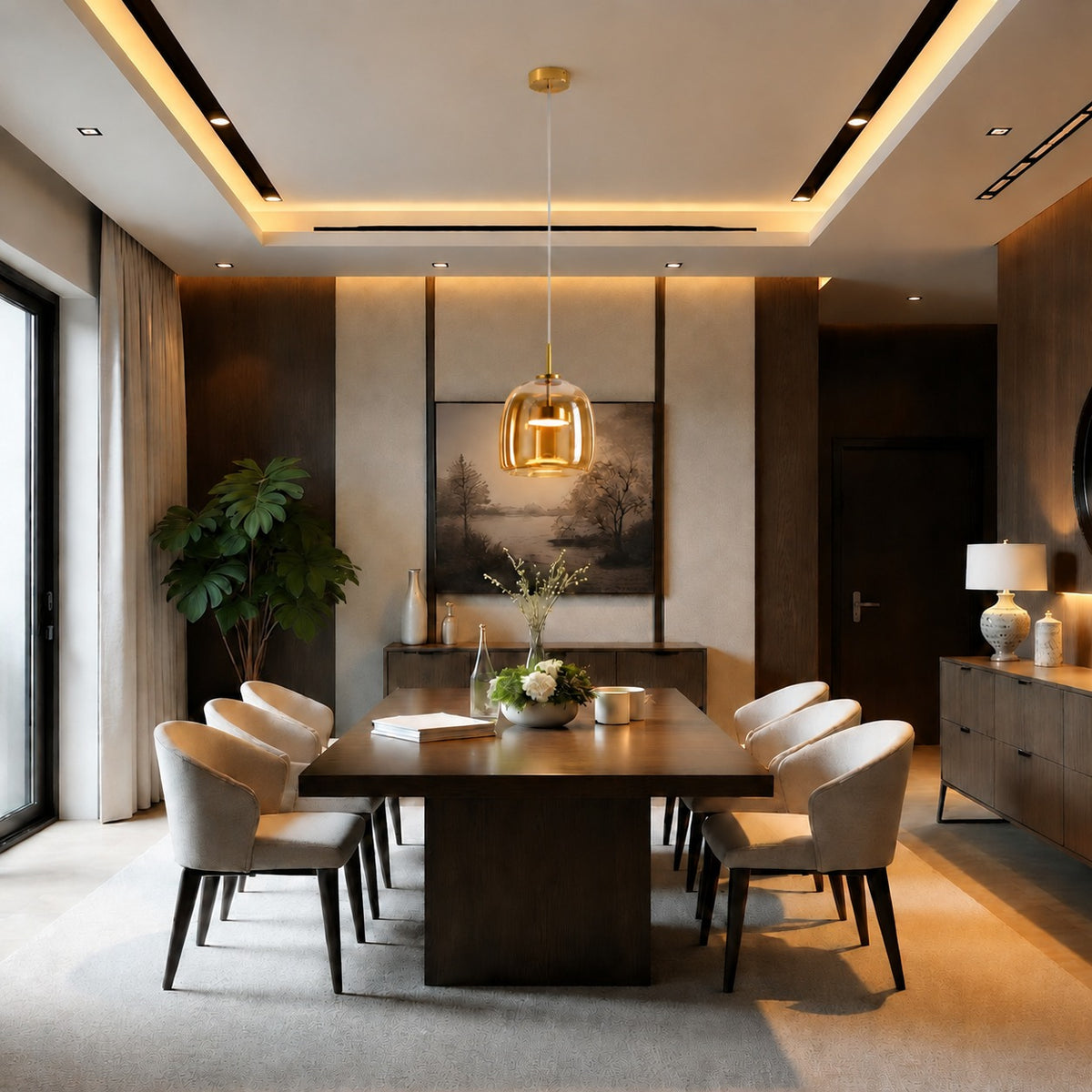 Modern Hanging Pendant Light Adjustable Black Iron Frame Hand-Blown Glass LED