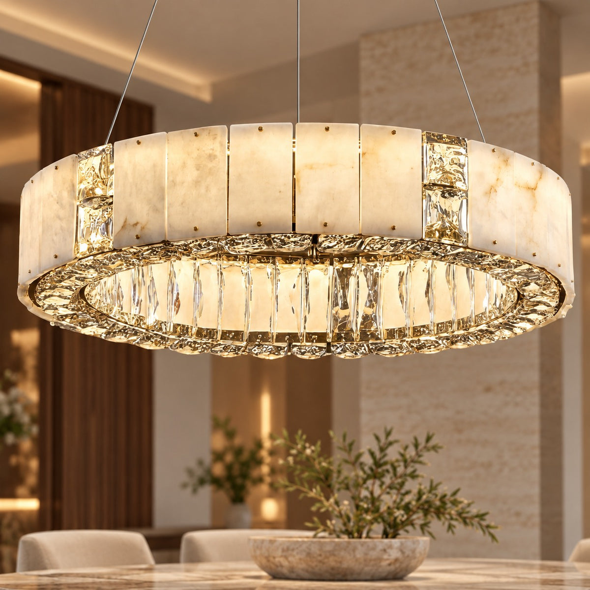 Modern Crystal Chandelier Hanging Light Fixture with Adjustable LED Alabaster Design