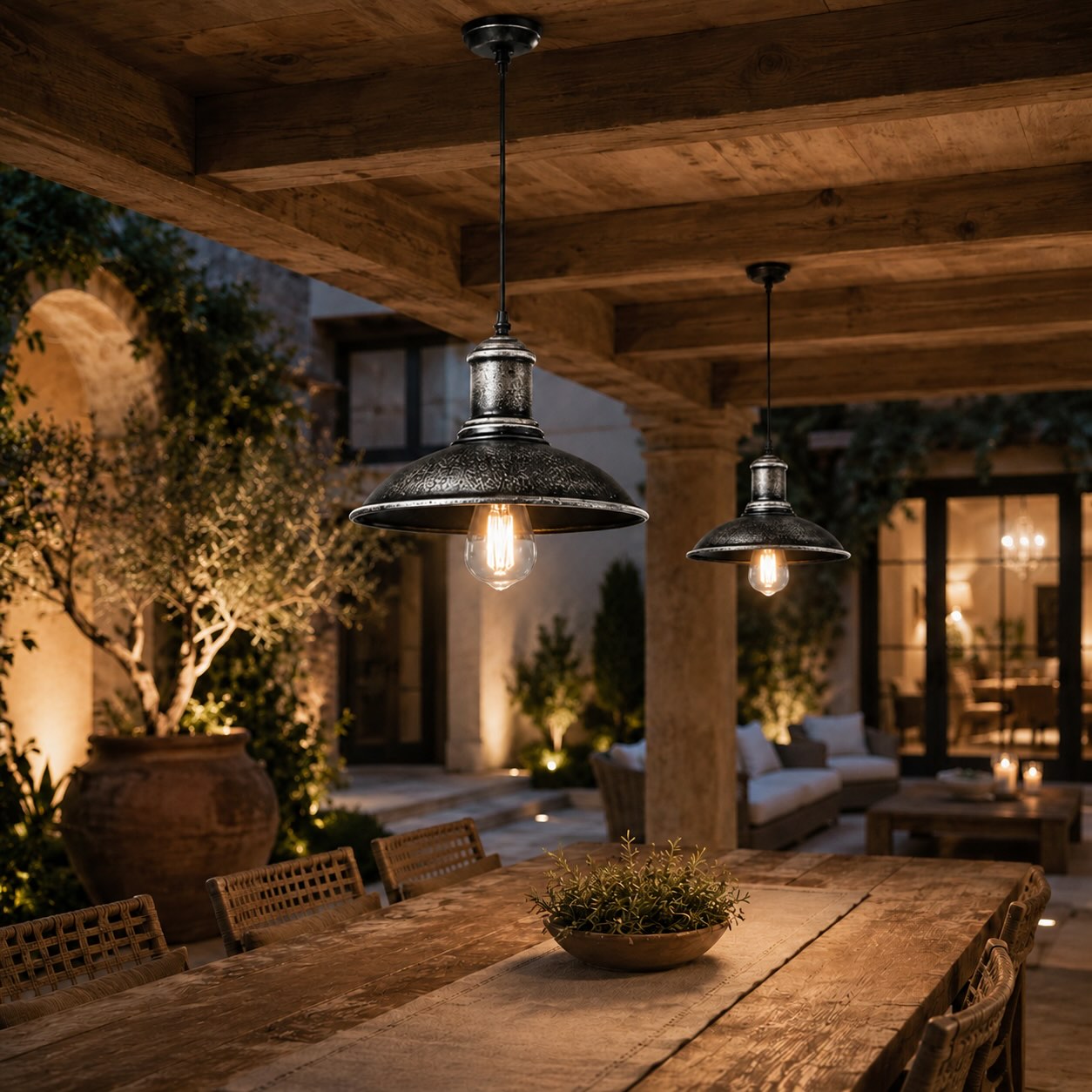 Industrial Outdoor Pendant Light Fixture Hanging Iron Waterproof LED 3000K Warm White
