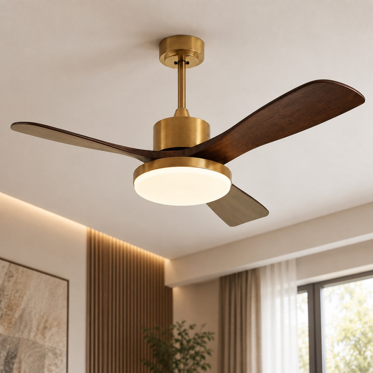 Modern Flush Mount Ceiling Fan with Integrated LED Lights Wooden Blades 6-Speed Control
