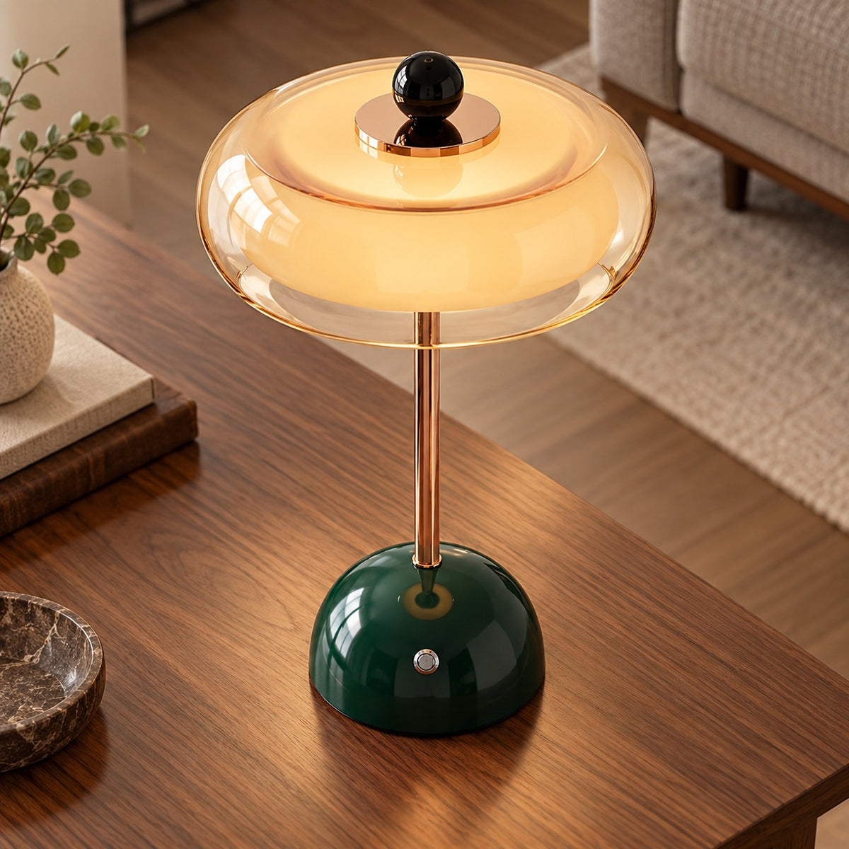 Contemporary Table Lamp Cordless Metal and Fabric Adjustable Brightness for Bedside Use