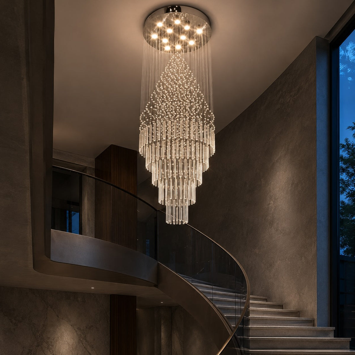 Modern Crystal Chandelier Adjustable Height Stainless Steel LED 18 Lights for Ceiling Mount