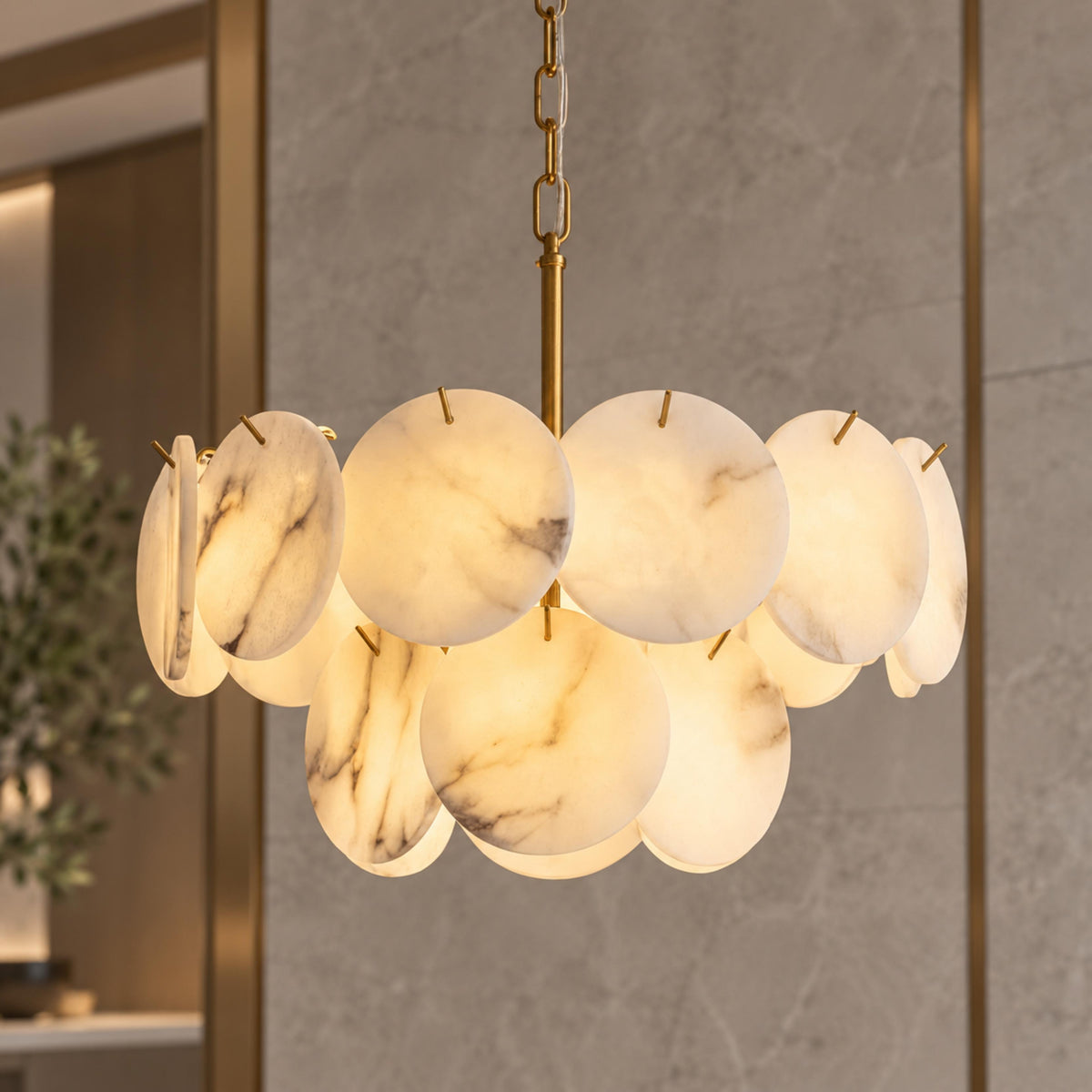 Modern Double-Tier Chandelier Hanging Brass Frame with Alabaster Discs and Adjustable Chain Length