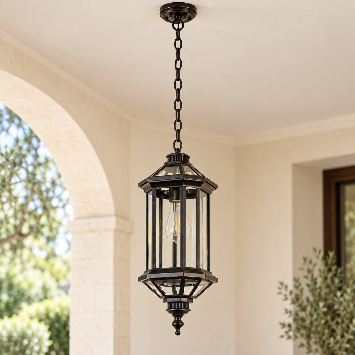 Traditional IP65 Outdoor Pendant Light with Clear Glass – Black Hanging Lantern