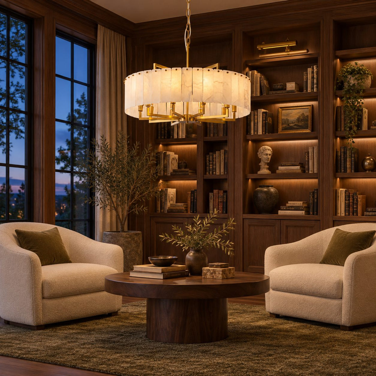 Modern Round Chandelier Adjustable Hanging Brass Alabaster 8 Light Fixture for Dining Room