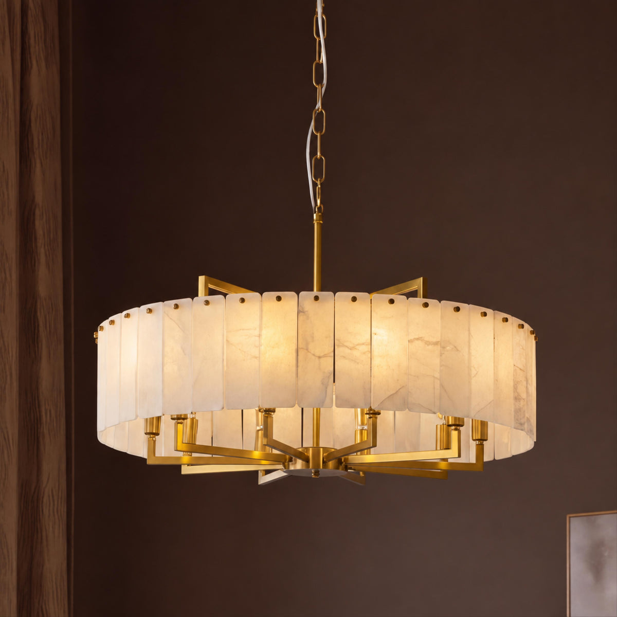 Modern Round Chandelier Adjustable Hanging Brass Alabaster 8 Light Fixture for Dining Room