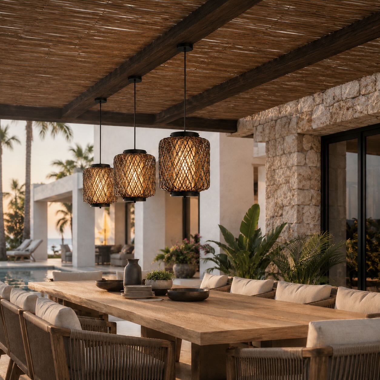 Modern Outdoor Hanging Pendant Light Fixture Rattan Iron Waterproof LED Compatible
