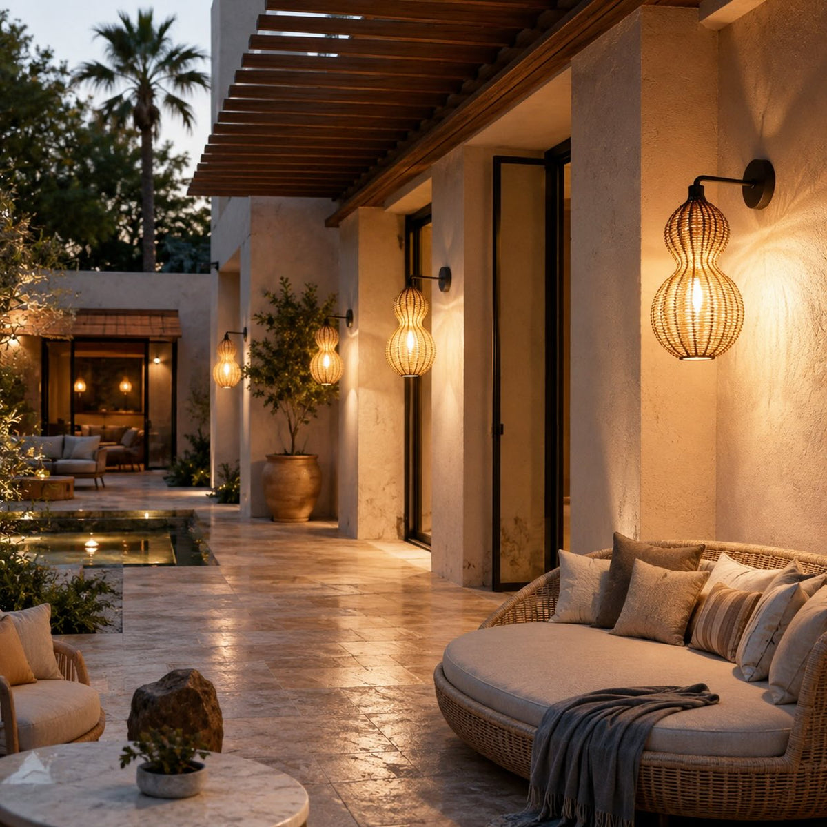Modern Rattan Pendant Light Hanging Fixture with 12W LED Warm White for Outdoor Use