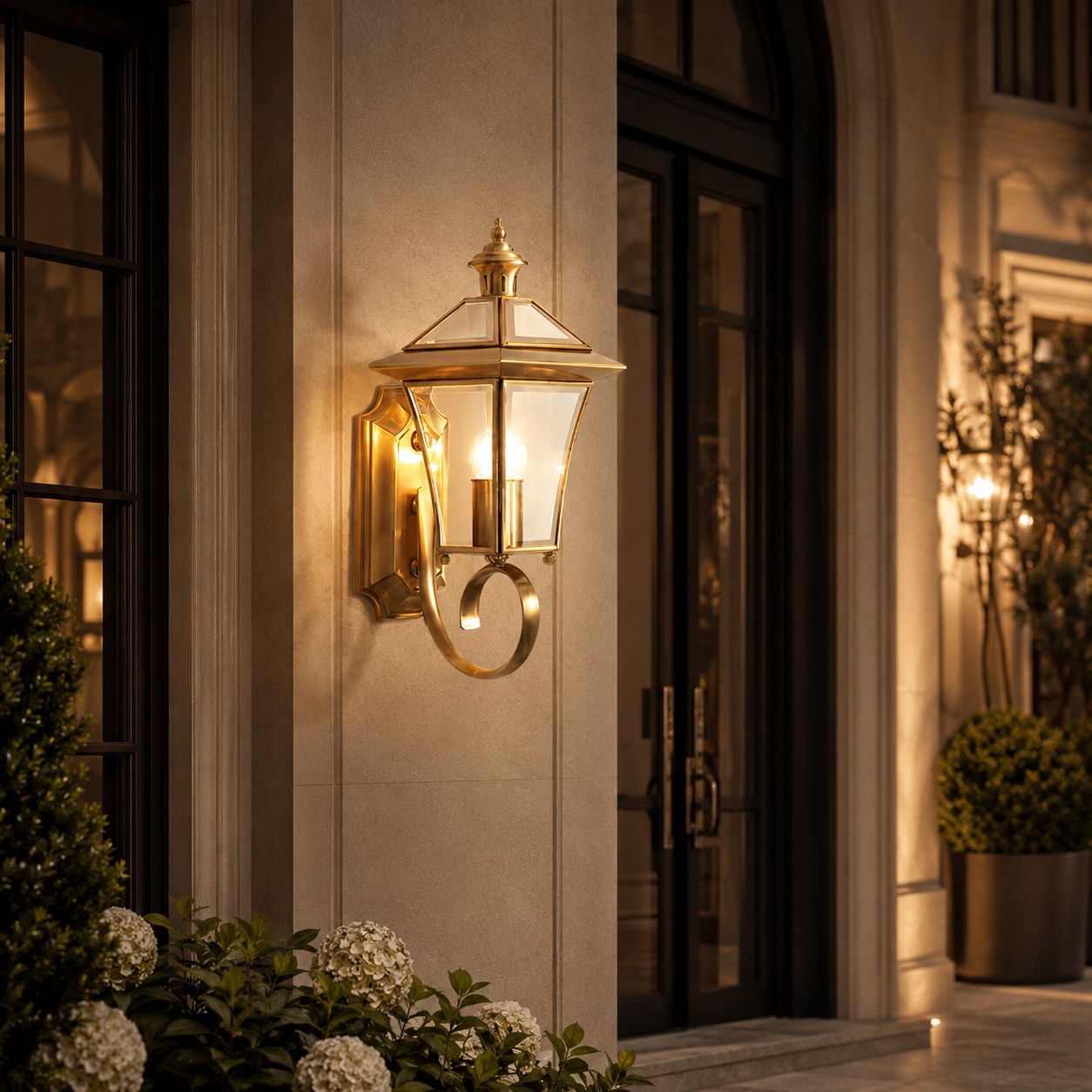 Retro Outdoor Wall Lantern Brass Frame Transparent Glass Shade Weatherproof E26 Compatible LED