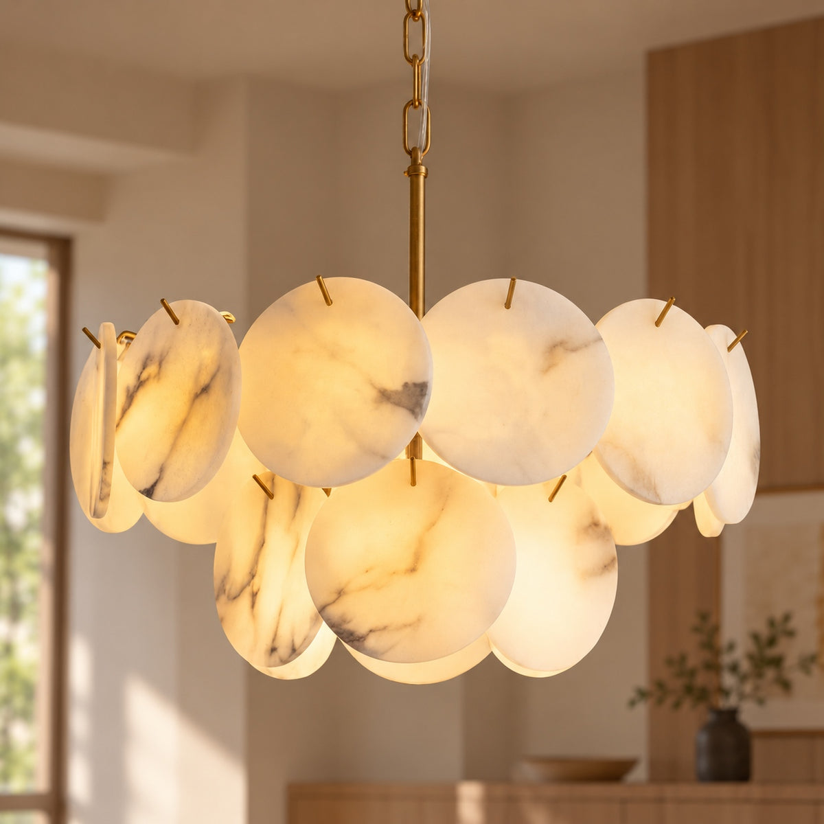 Modern Double-Tier Chandelier Hanging Brass Frame with Alabaster Discs and Adjustable Chain Length