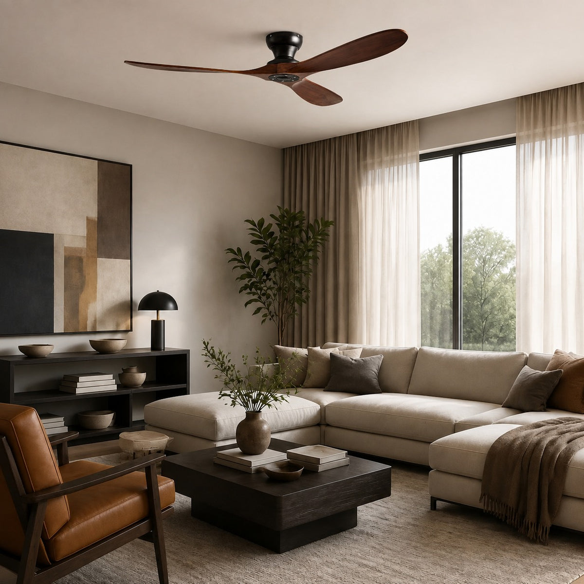 Modern Ceiling Fan with Wood Blades Flush Mount Quiet DC Motor 6-Speed Reversible Airflow