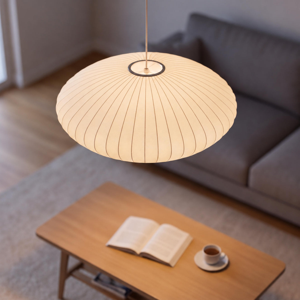 Modern Pendant Lighting Adjustable Height Steel Wireframe Silk Shade Dimmable Light