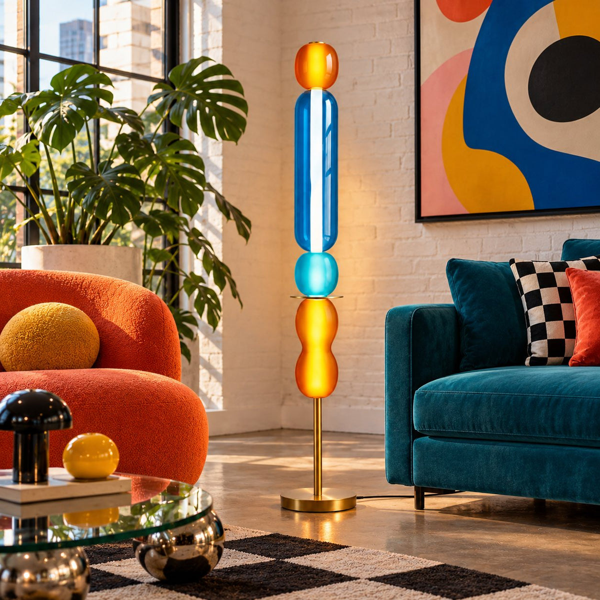 Modern Floor Lamp Adjustable Height Glass Shade Metal Base LED Lighting