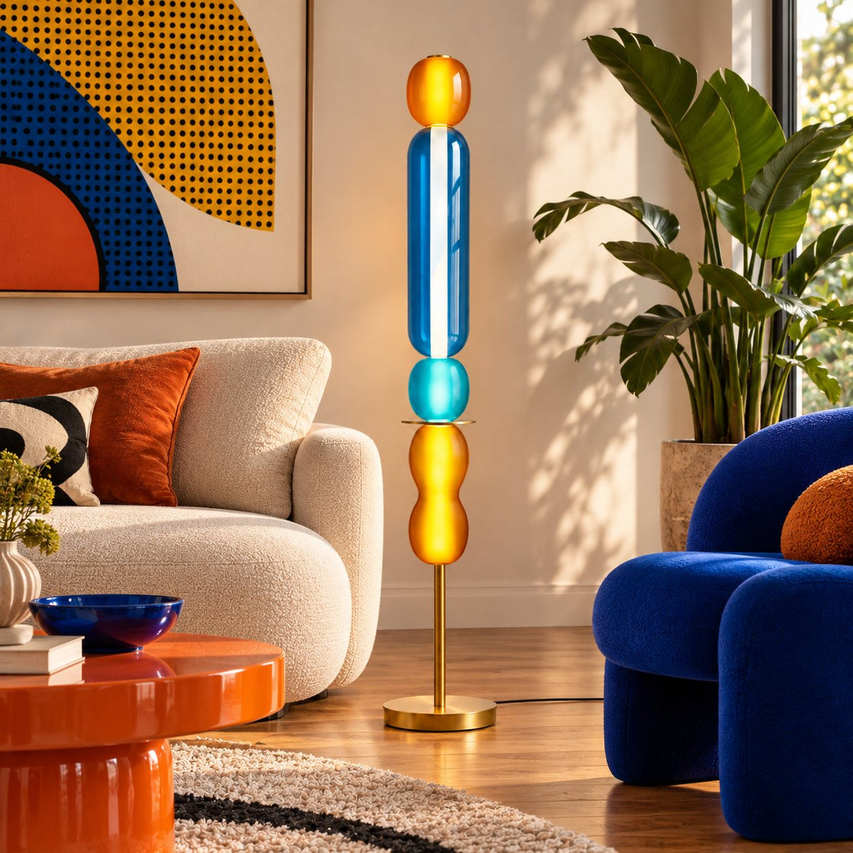 Modern Floor Lamp Adjustable Height Glass Shade Metal Base LED Lighting