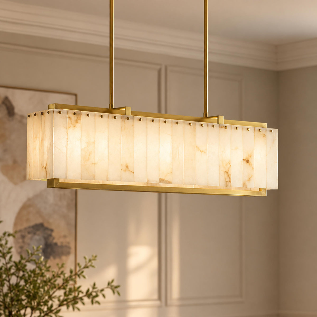 Modern Designer Chandelier Hanging Brass Frame with Alabaster Panels Soft Illumination E12
