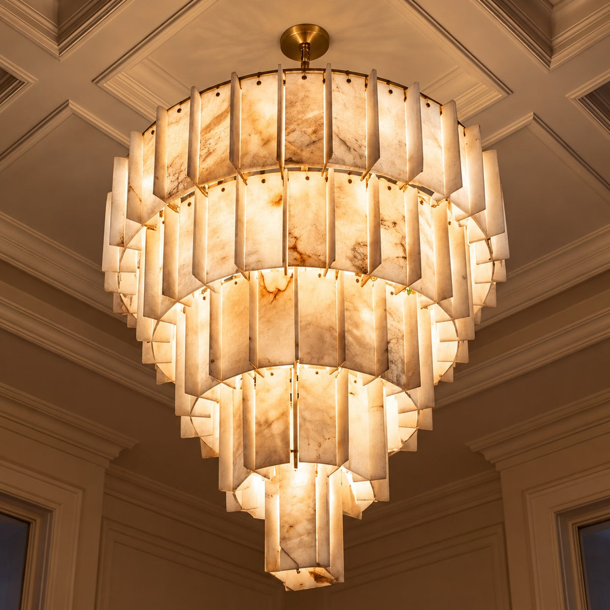Modern Designer Chandelier Hanging Brass Frame with Alabaster Panels for Soft Ambient Glow