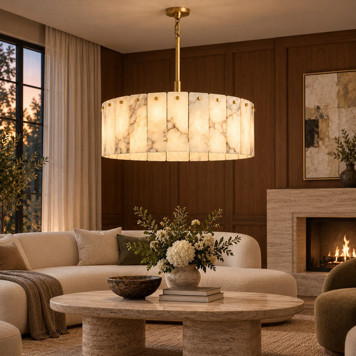 Modern Drum Chandelier Hanging Light Fixture with Alabaster Panels and Gold Frame for Soft Illumination