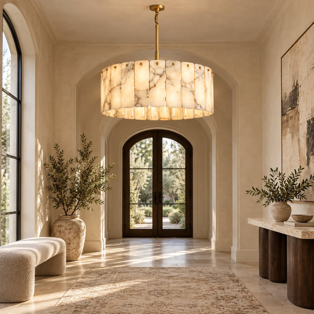 Modern Drum Chandelier Hanging Light Fixture with Alabaster Panels and Gold Frame for Soft Illumination