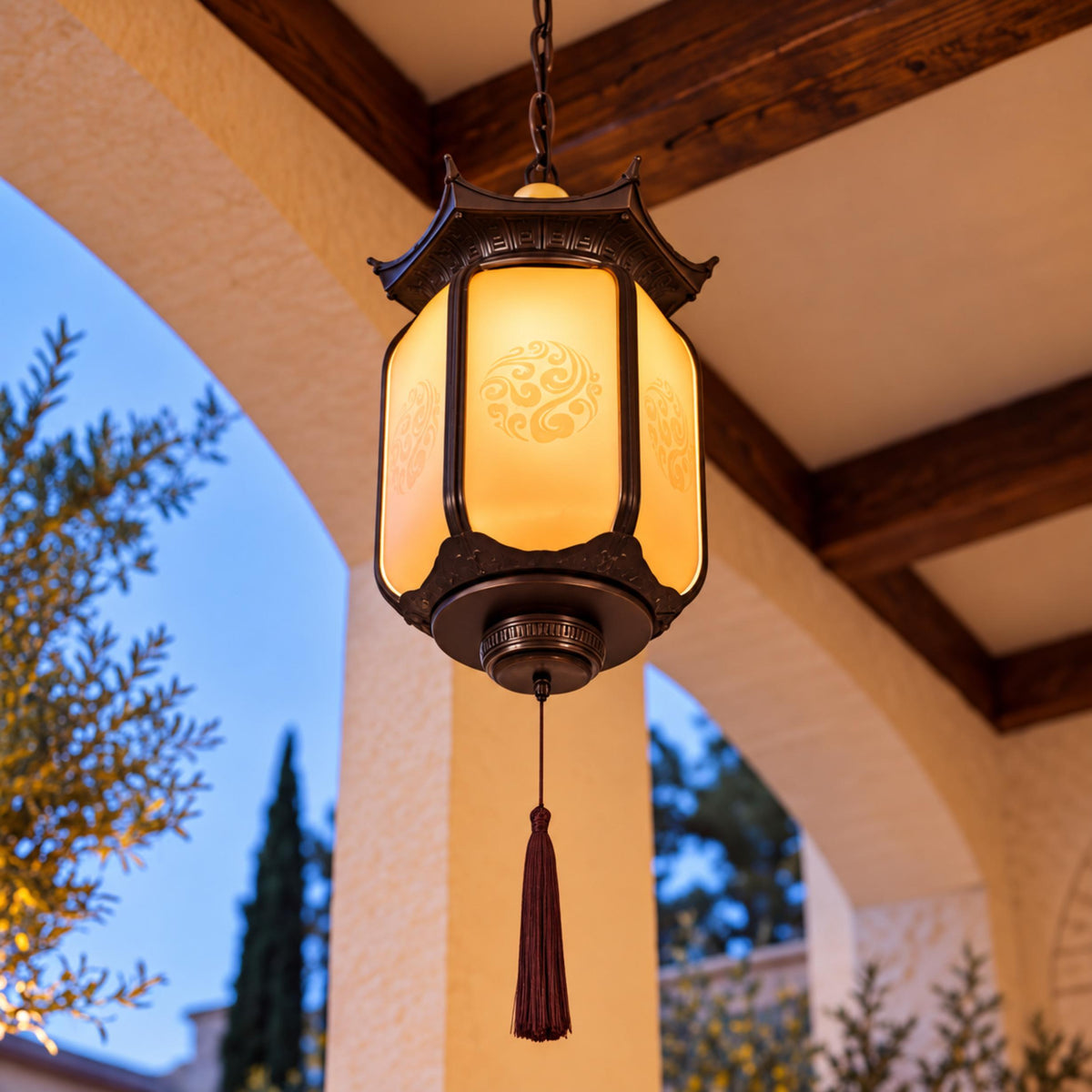 Traditional Pagoda Outdoor Pendant Light with Faux Alabaster Panels & Bronze Gold Aluminium Frame
