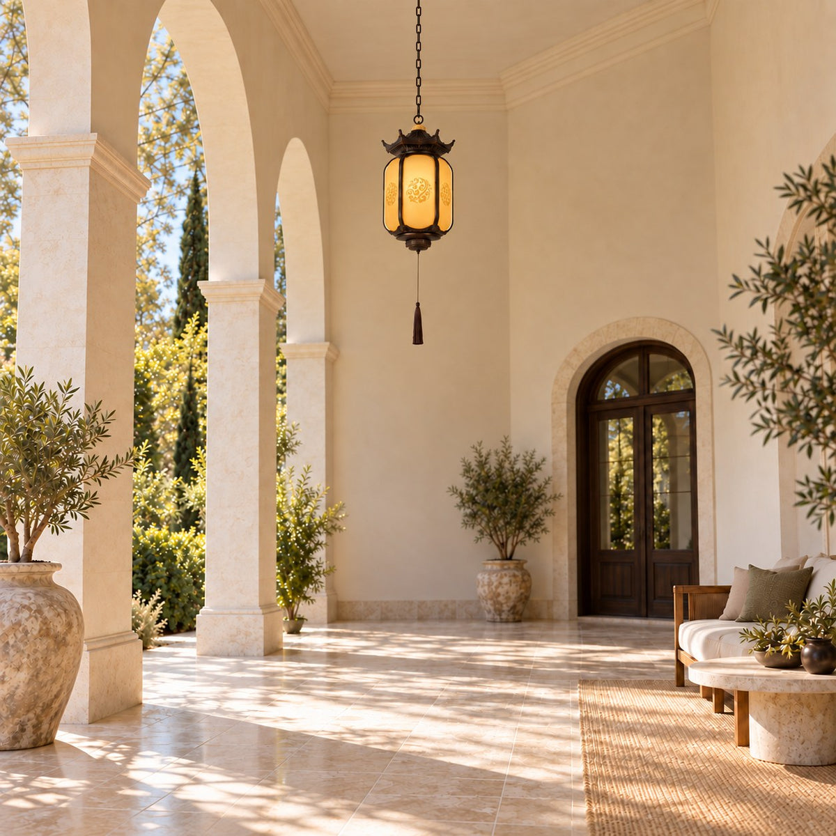 Traditional Pagoda Outdoor Pendant Light with Faux Alabaster Panels & Bronze Gold Aluminium Frame