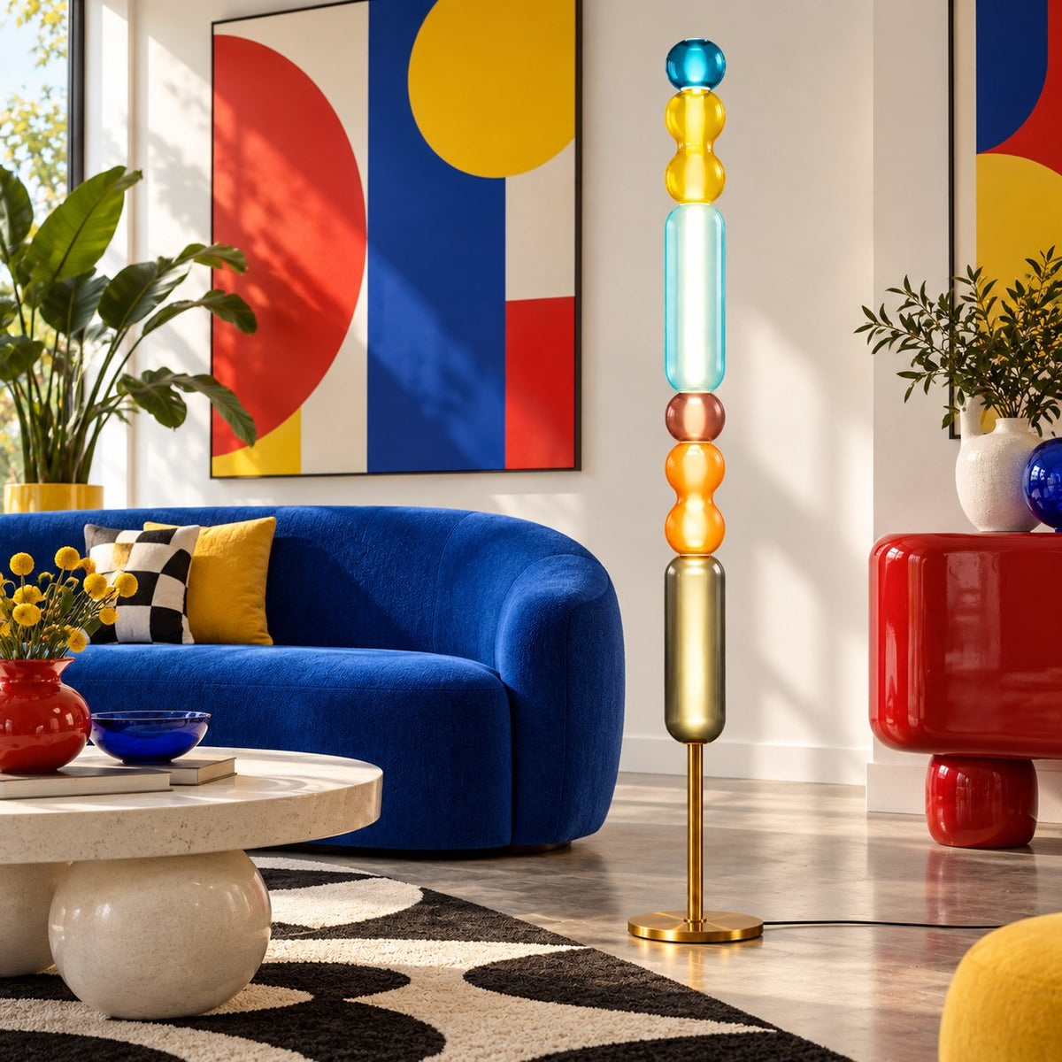 Modern Floor Lamp Adjustable Height Glass Shade Metal Base LED Lighting