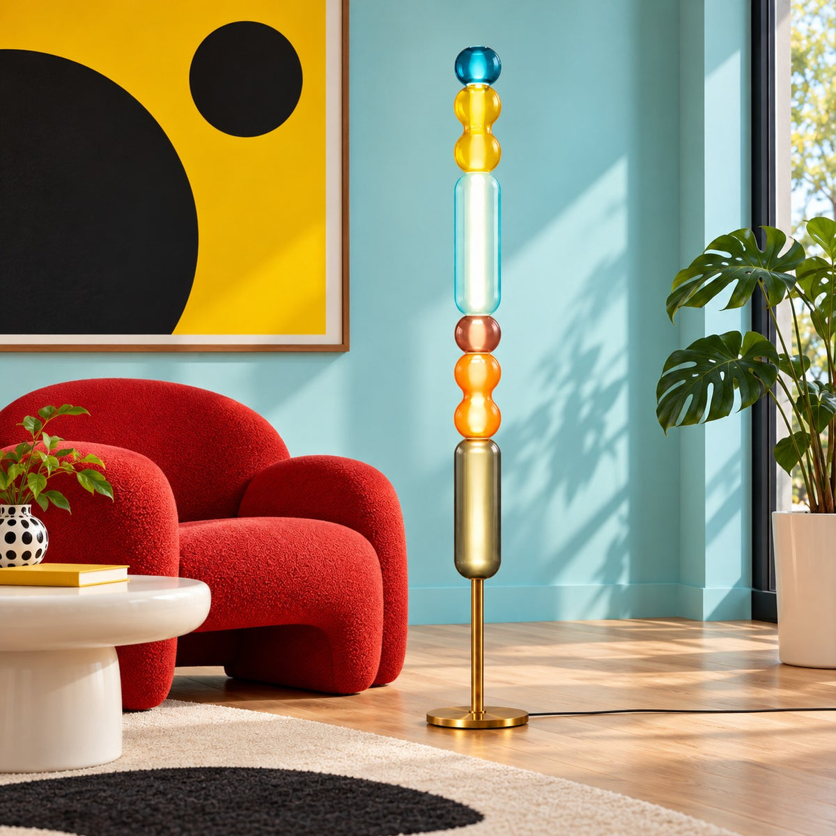 Modern Floor Lamp Adjustable Height Glass Shade Metal Base LED Lighting