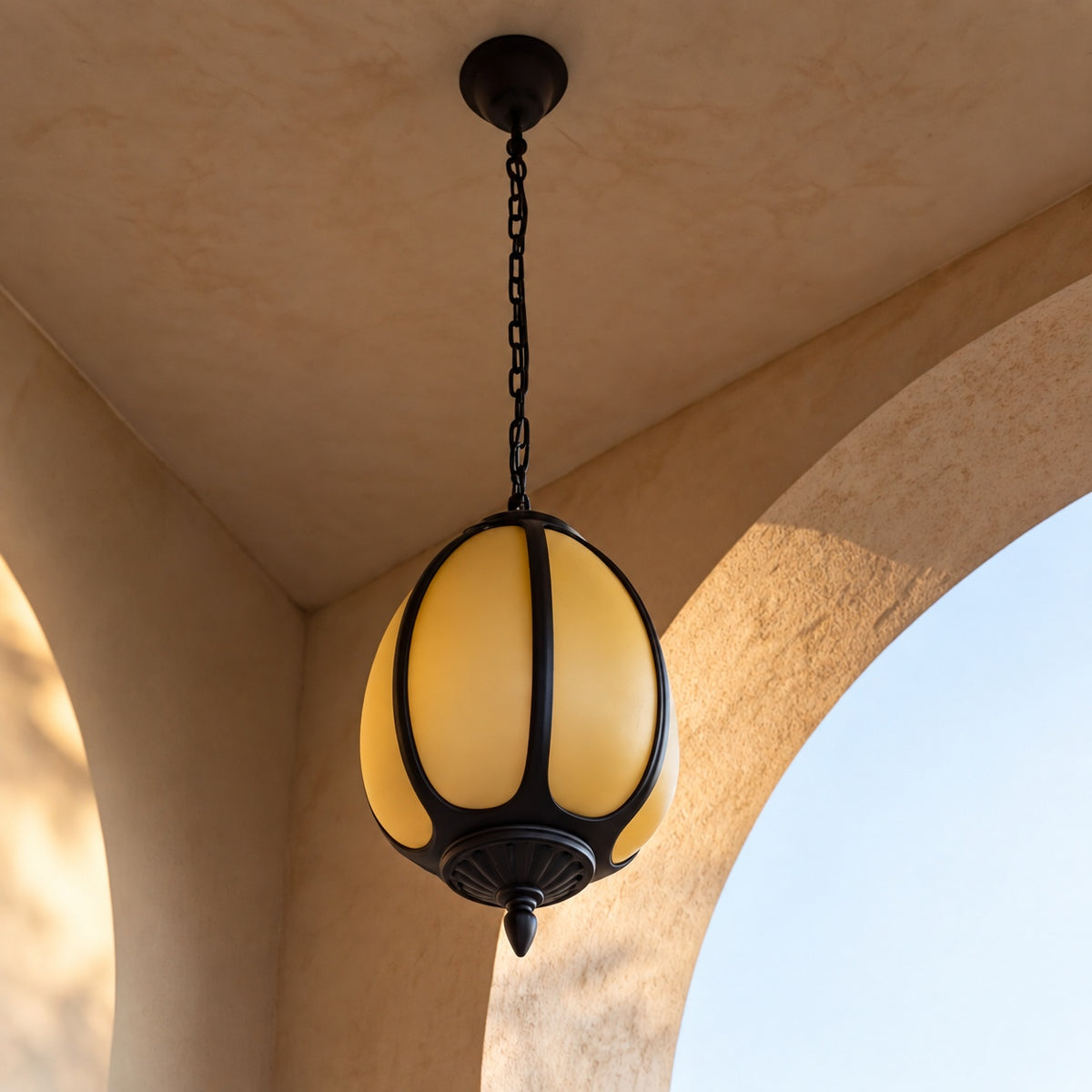 Traditional Outdoor Pendant Light with Faux Alabaster & Black Die-Cast Aluminium Frame