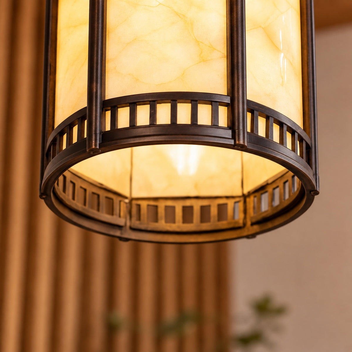 Traditional Pagoda Outdoor Hanging Light with Faux Alabaster & Bronze Gold Aluminium Frame