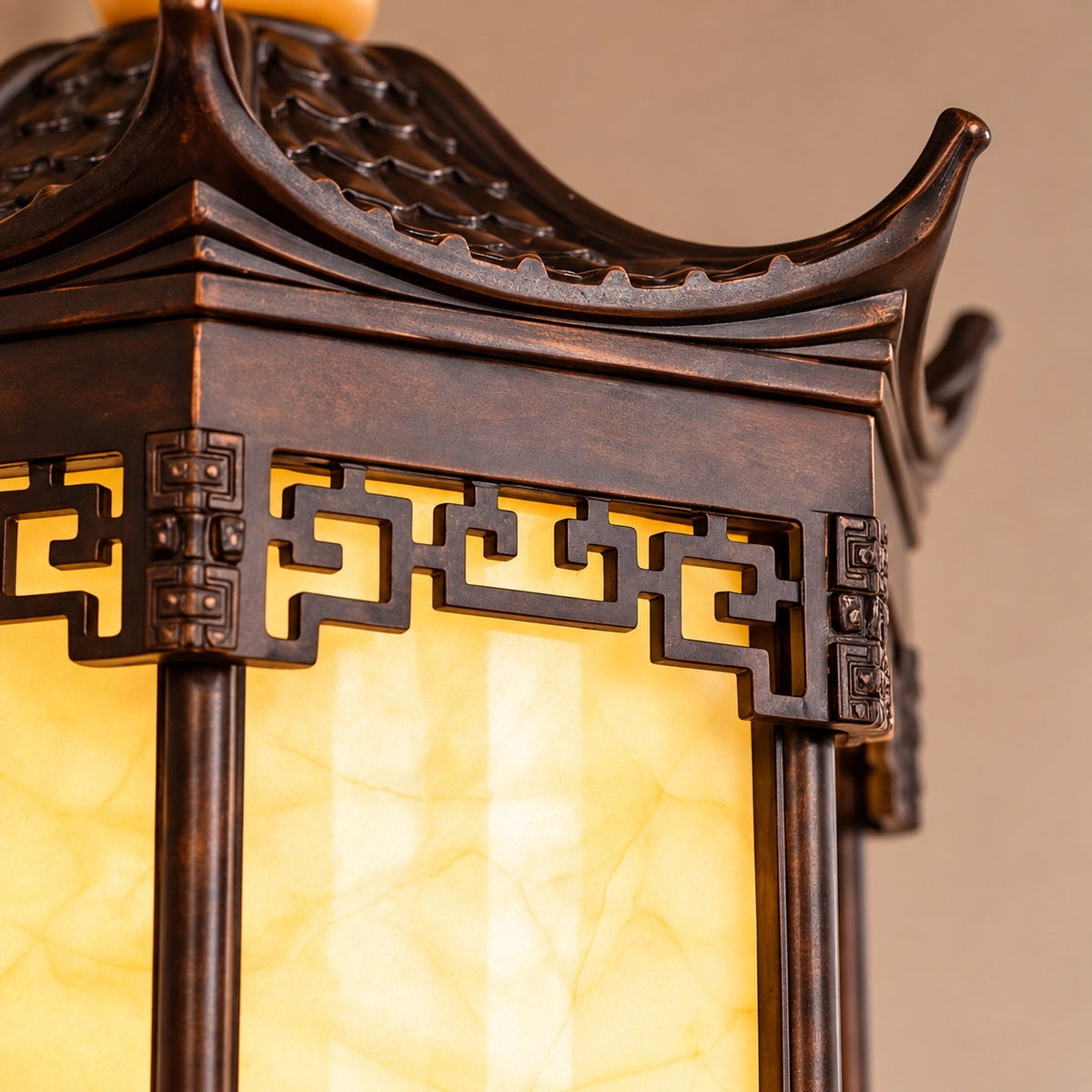 Traditional Pagoda Outdoor Hanging Light with Faux Alabaster & Bronze Gold Aluminium Frame