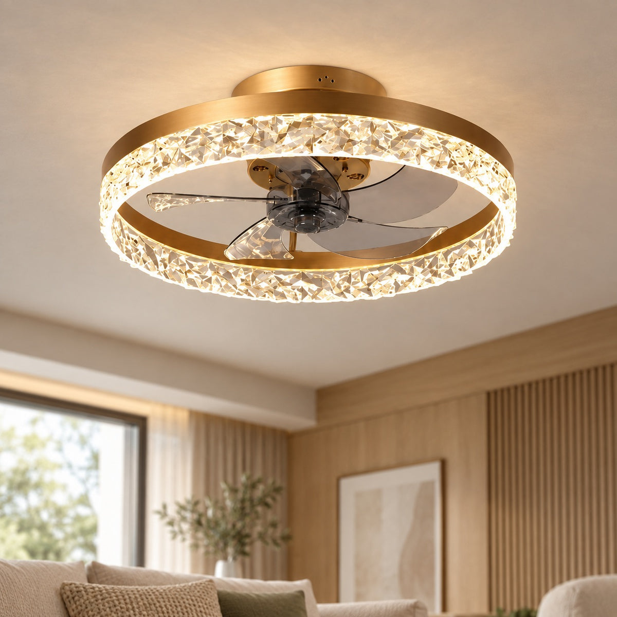 Modern Flush Mount Ceiling Fan with Lights Iron Frame Adjustable LED Color Temperature 3 Speed 1400LM