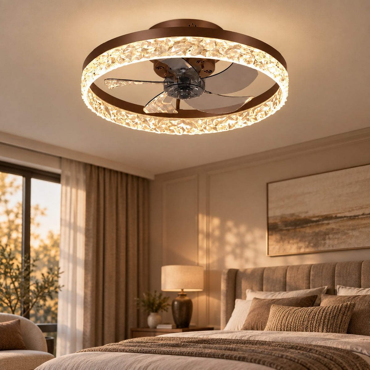 Modern Flush Mount Ceiling Fan with Lights Iron Frame Adjustable LED Color Temperature 3 Speed 1400LM