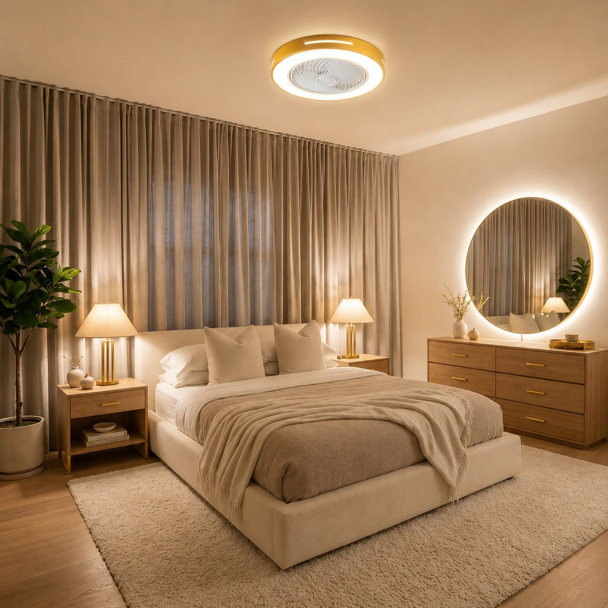 Modern Bladeless Ceiling Fan with Lights Flush Mount Iron Adjustable 72W LED Lighting