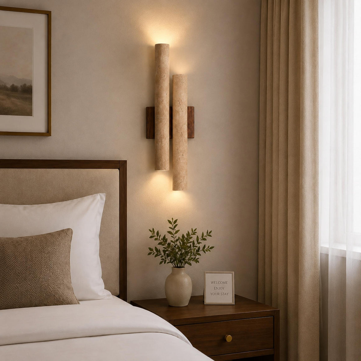 Modern Wall Light Wall Mounted Natural Travertine Shade Walnut Wood Base LED Compatible G9 Bulb