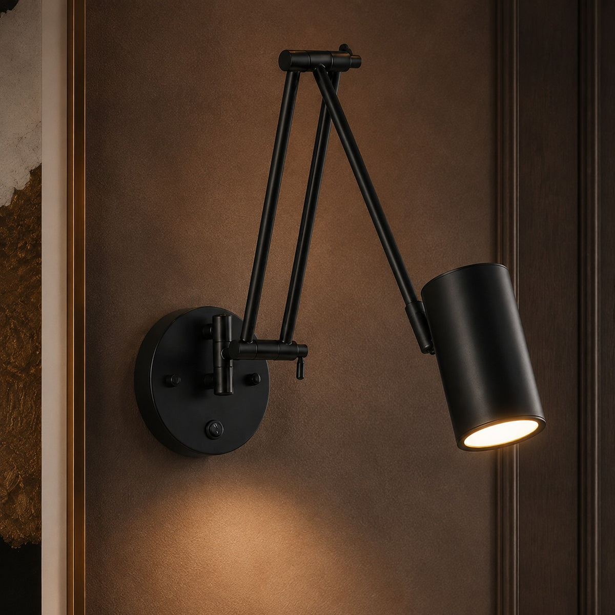Industrial Wall Light Adjustable Swing Arm Metal Fixture LED Matte Black Gold Accents