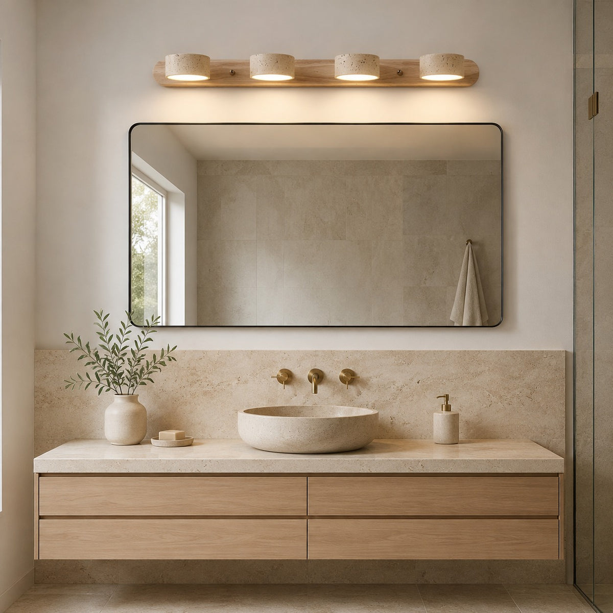 Rustic Wall Light Bathroom Sconce Hardwired Wood and Stone LED Energy Efficient Fixture
