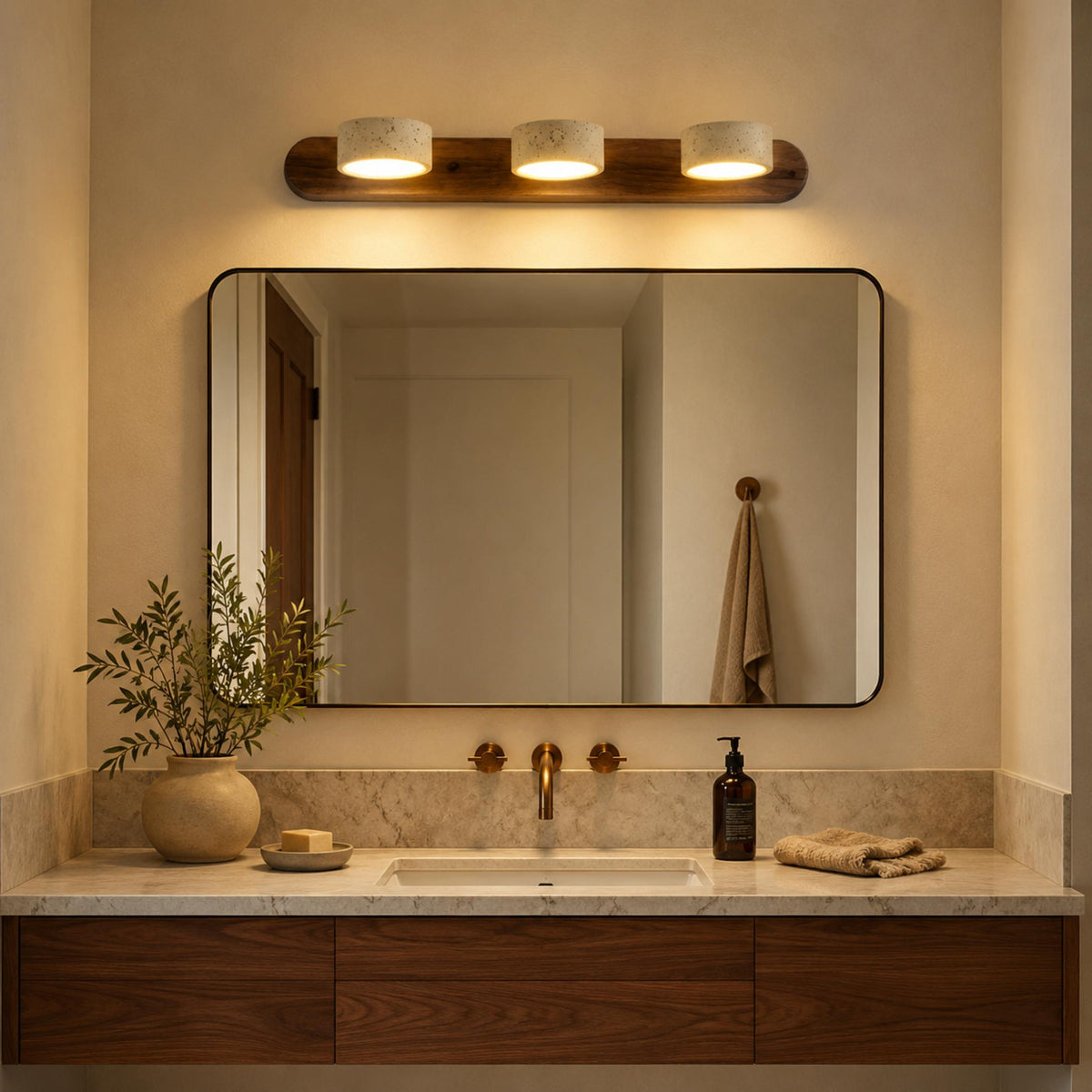 Rustic Wall Light Bathroom Sconce Hardwired Wood and Stone LED Energy Efficient Fixture