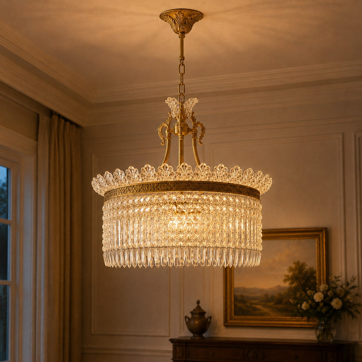 Modern Chandelier Adjustable Height Hanging Light Metal Frame with Glass Shade LED 24 Inch