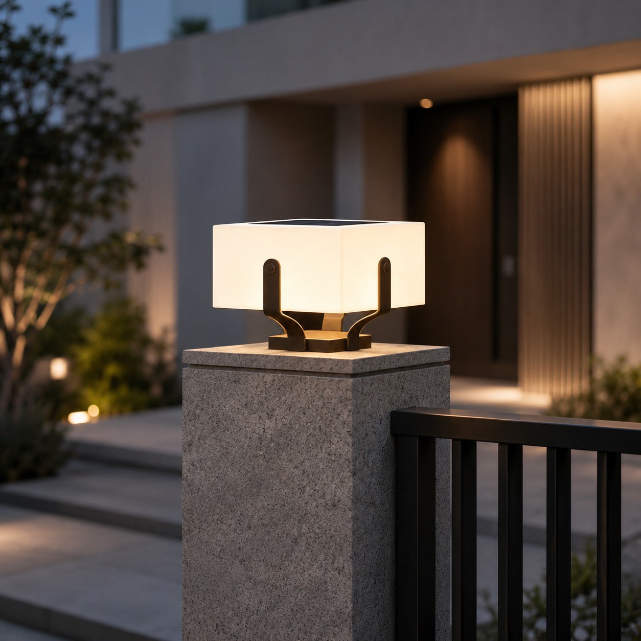 Solar Outdoor Light Modern Square Pillar Waterproof LED with Stainless Steel Frame and PE Shade