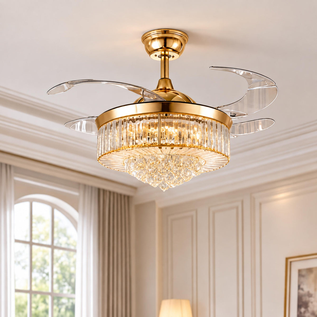 European Modern Ceiling Fan with Dimmable LED Lights Flush Mount Crystal Shade 48W 4 Blades