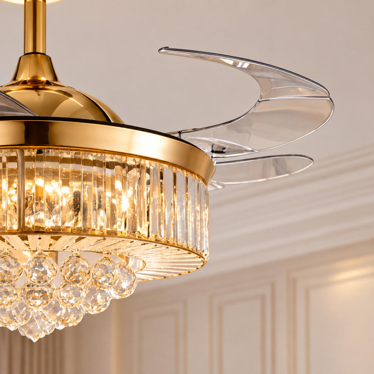 European Modern Ceiling Fan with Dimmable LED Lights Flush Mount Crystal Shade 48W 4 Blades
