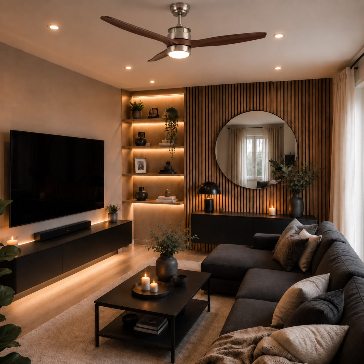 Modern Black Ceiling Fan with Light Flush Mount Iron Glass Wood Blades LED Adjustable Speed