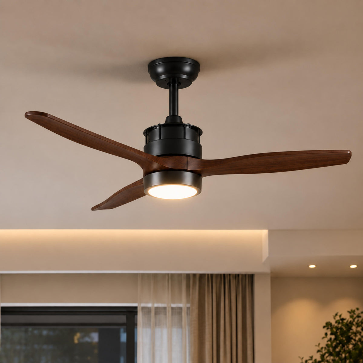Modern Black Ceiling Fan with Light Flush Mount Iron Glass Wood Blades LED Adjustable Speed